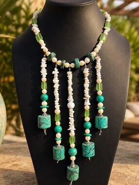 Handmade Turquoise & pearls, blue lace agate Beaded Fringe Necklace